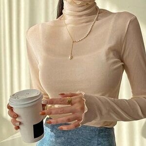 Cowl Neck Mesh Long Sleeve Top NEW